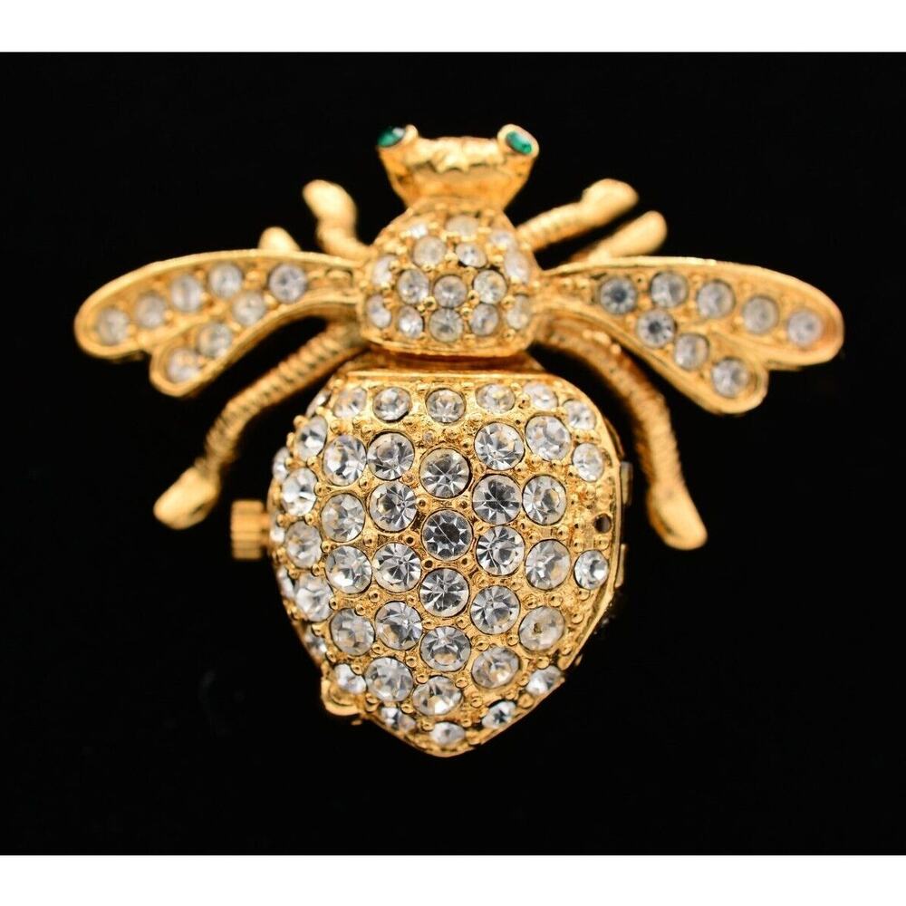 Joan Rivers Vintage Fly Watch Pin Brooch Rhinestone Crystal Gold Signed Bin5A